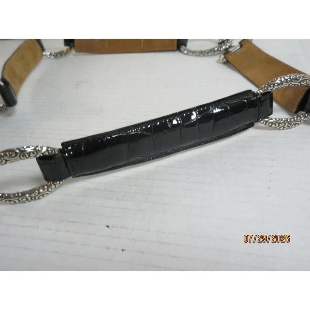 Brighton Black Croc Embossed Patent Leather Link Belt Silver Ornate Hardware 38